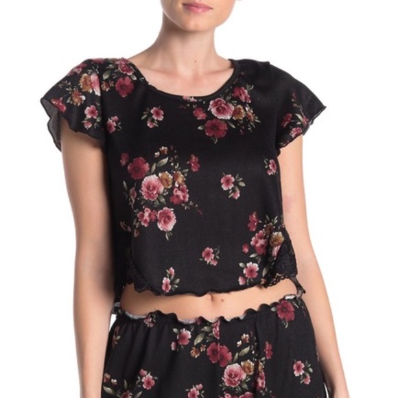 Blue Moon Pink Star Other - Rose Print Lace Trim Crop Pajama Top